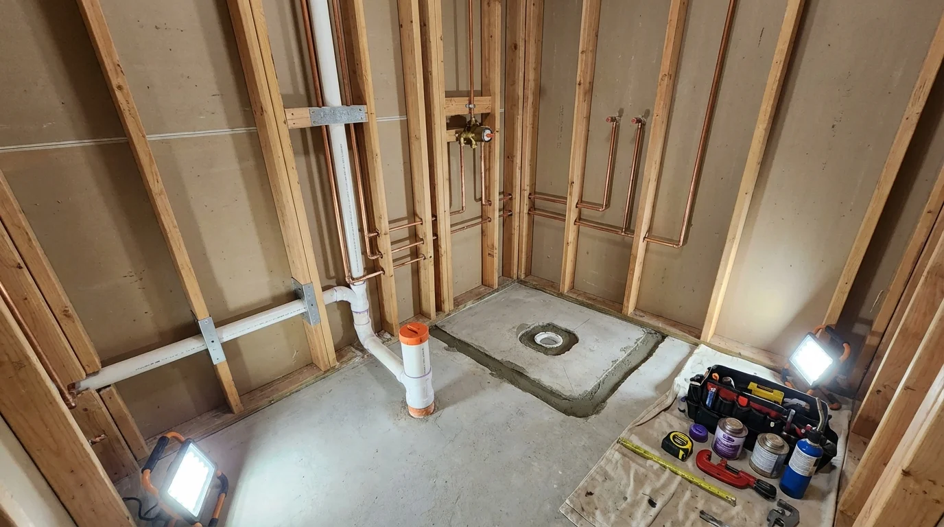 Bathroom rough-in plumbing during remodel by Johns Plumbing LLC in San Anselmo