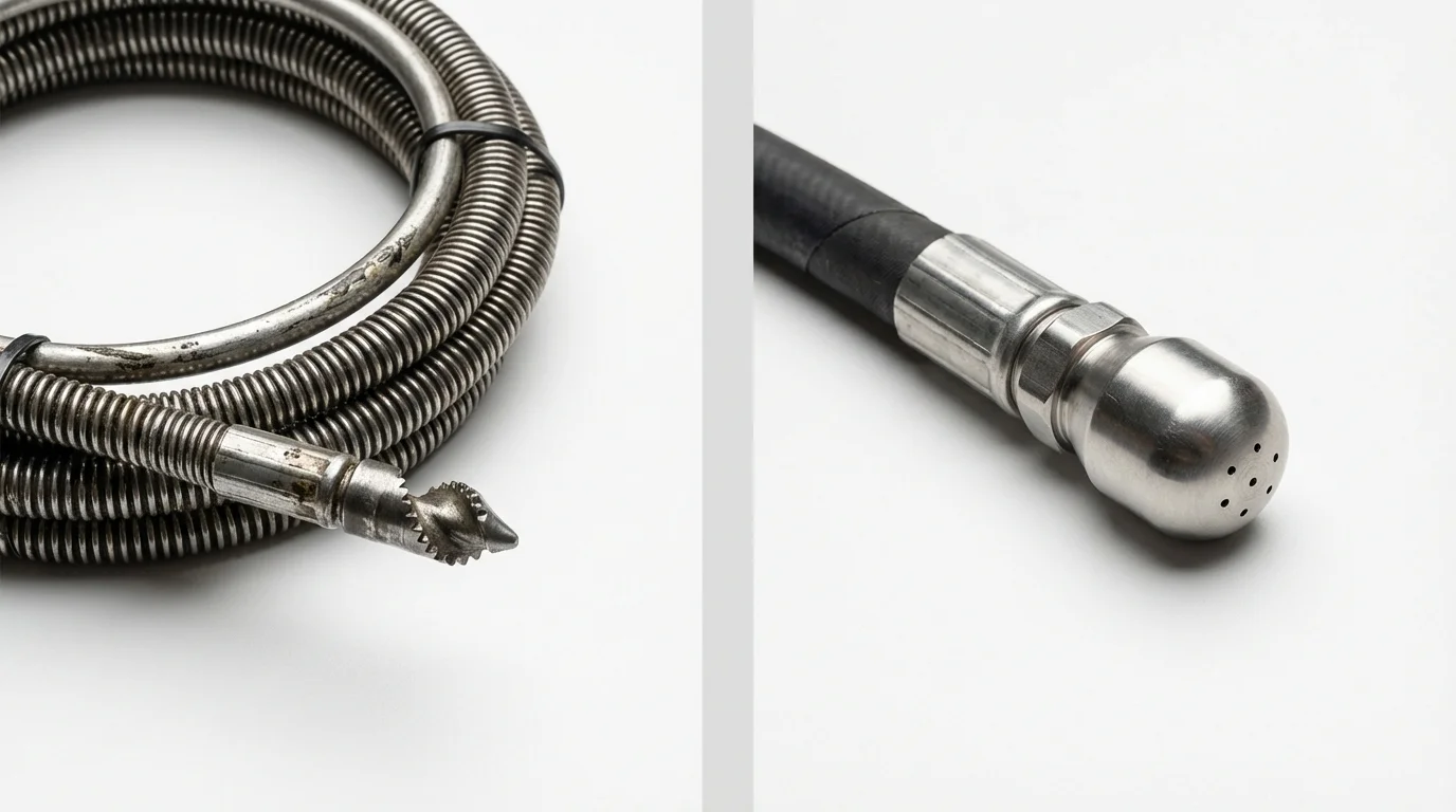 Drain snake cable and hydro jetting nozzle used for drain cleaning in San Anselmo, CA
