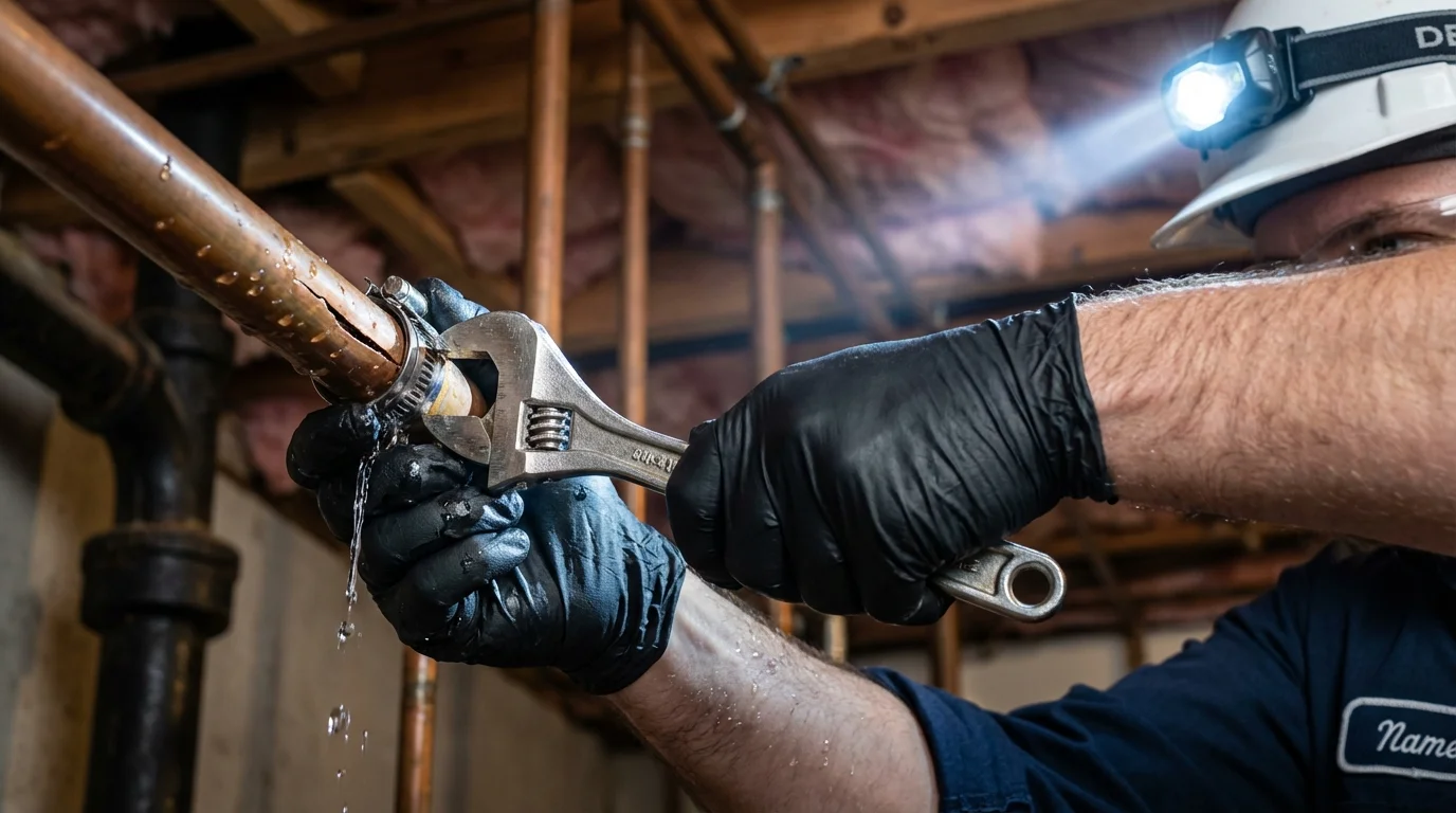 Emergency pipe clamp repair being performed by a Johns Plumbing LLC plumber in San Anselmo