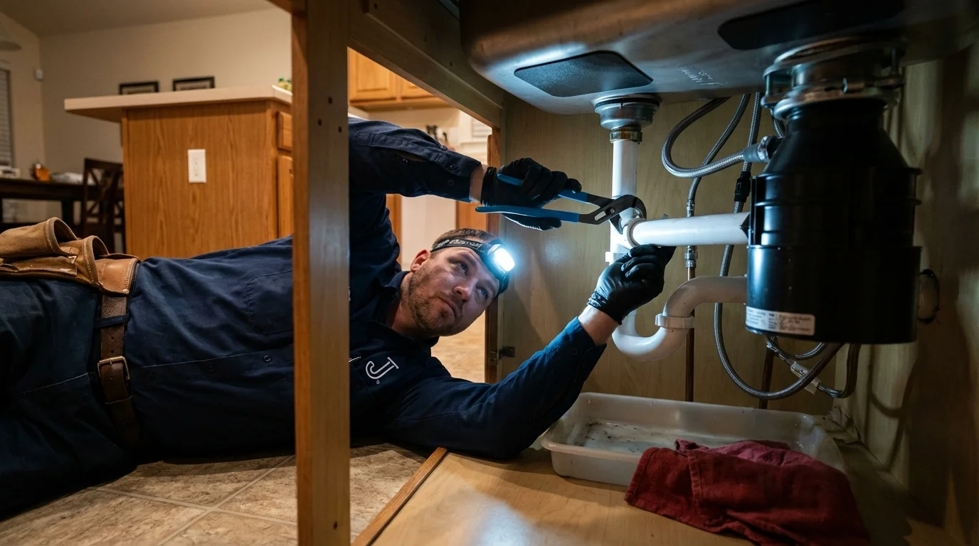 P-trap and supply line connections under a kitchen sink showing a common leak point in San Anselmo, CA